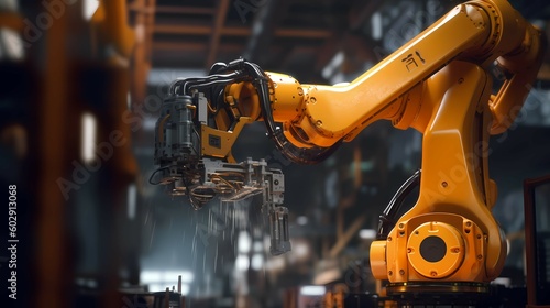 Robotic arm doing welding in industry. Generative AI