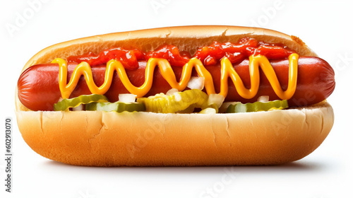 A hot dog with mustard and ketchup on it, white backgriund Generative AI