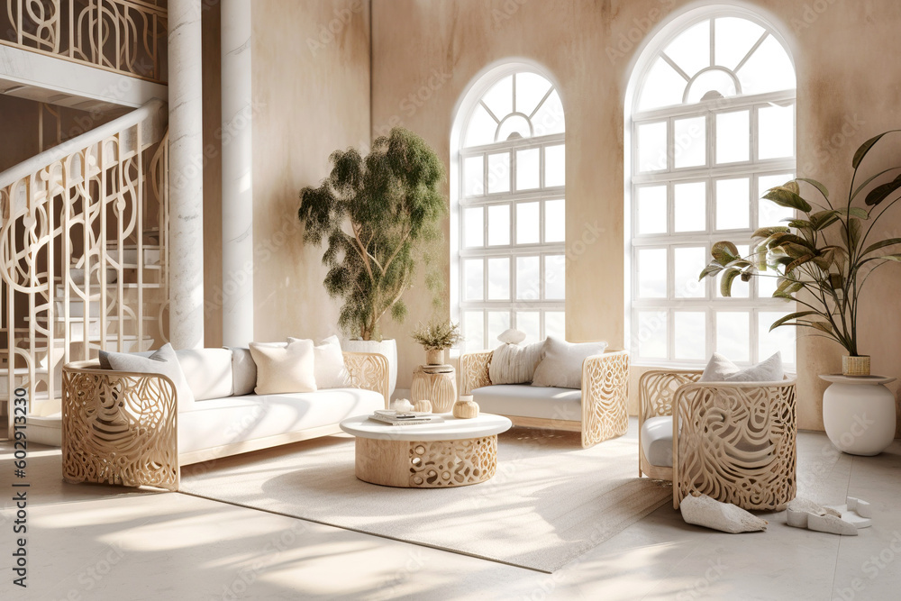 Luxury eastern interior design of modern living room with carved furniture and arched windows. Created with generative AI Luxury eastern interior design of modern living room with carved furniture and arched windows. Created with generative AI