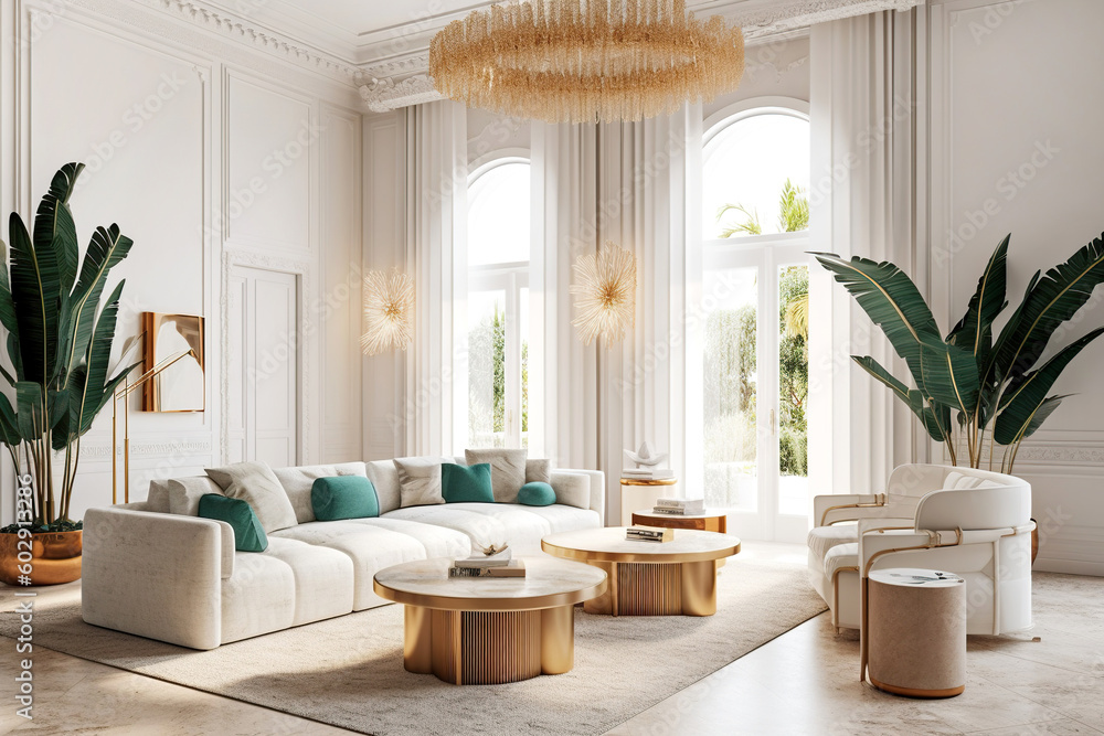 Fototapeta premium Cozy white sofa and golden coffee table. Interior design of modern luxury living room. Created with generative AI