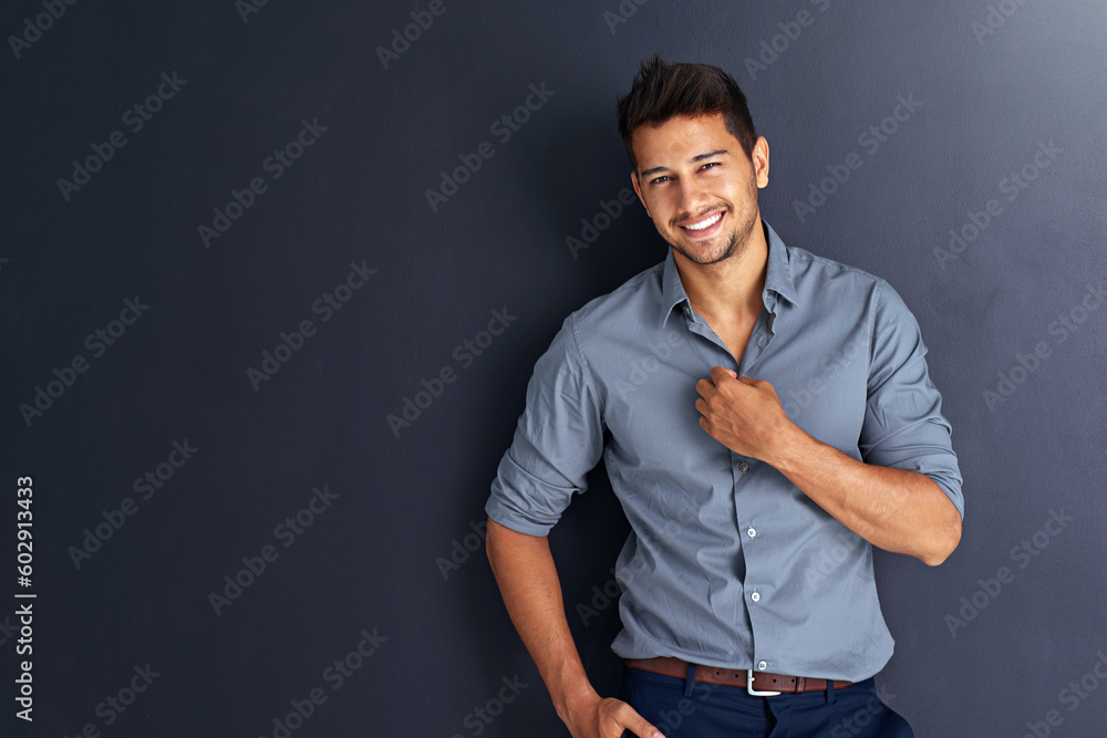 Mockup, portrait and happy business man in studio confident, young and empowered against black background. Face, smile and cheerful male person with positive attitude posing on isolated copy space