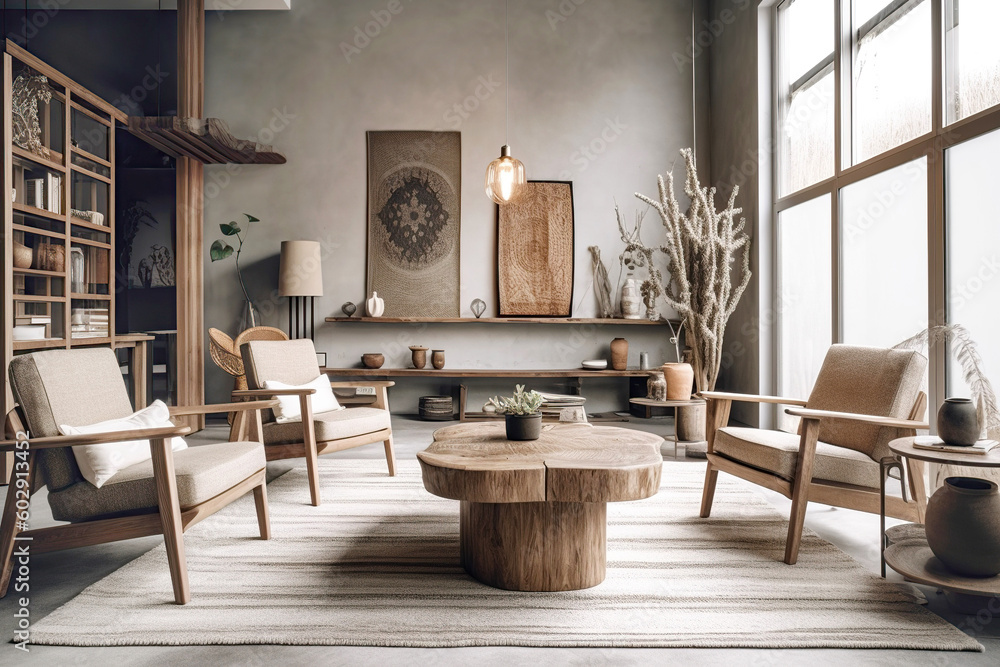 Boho interior design of modern living room with rustic furniture. Created with generative AI Boho interior design of modern living room with rustic furniture. Created with generative AI