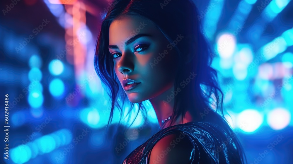 Model woman face illuminated by neon lights. Generative AI Model woman face illuminated by neon lights. Generative AI
