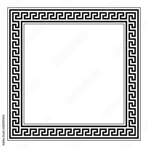 Greek key pattern, jagged meander pattern, square frame and decorative border. Made of lines, shaped into a repeated motif, framed by lines. Classical style of Greece and Rome, also called Greek fret.