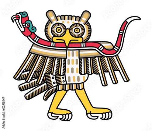 Aztec owl with a coral snake. In Aztec religion owls hold special ties to the underworld and are considered to be bad omens, messengers between humans and the divine, and they accompany the Death God.