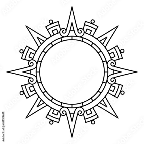 Aztec solar disk, sun symbol and diadem, representing the Aztec sun deity Tonatiuh. 4 large arrows or rays pointing in the cardinal directions, with further subdivisions for inter-cardinal directions.
