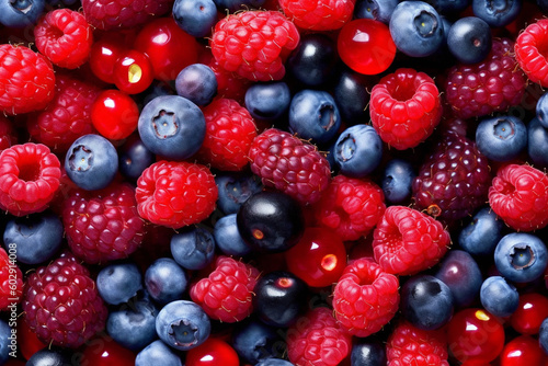 Background of raspberries  blueberries  currants. AI generated