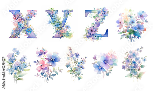 Fototapeta Naklejka Na Ścianę i Meble -  Watercolor cute letters with spring wildflowers. Pastel pink, blue, violet, lilac colors. Simple flowers, green leaves. Сapital letters of the English alphabet: x, y, z . AI generated