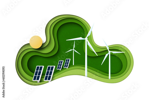 Paper art of a solar and wind turbine. Green energy sources concept. Ecology and Environment issues. Vector illustration.