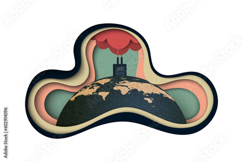 Industry chimney pollution with smoke in environment.Global warming and climate change concept.Environment landing page website template background.Paper art vector illustration.