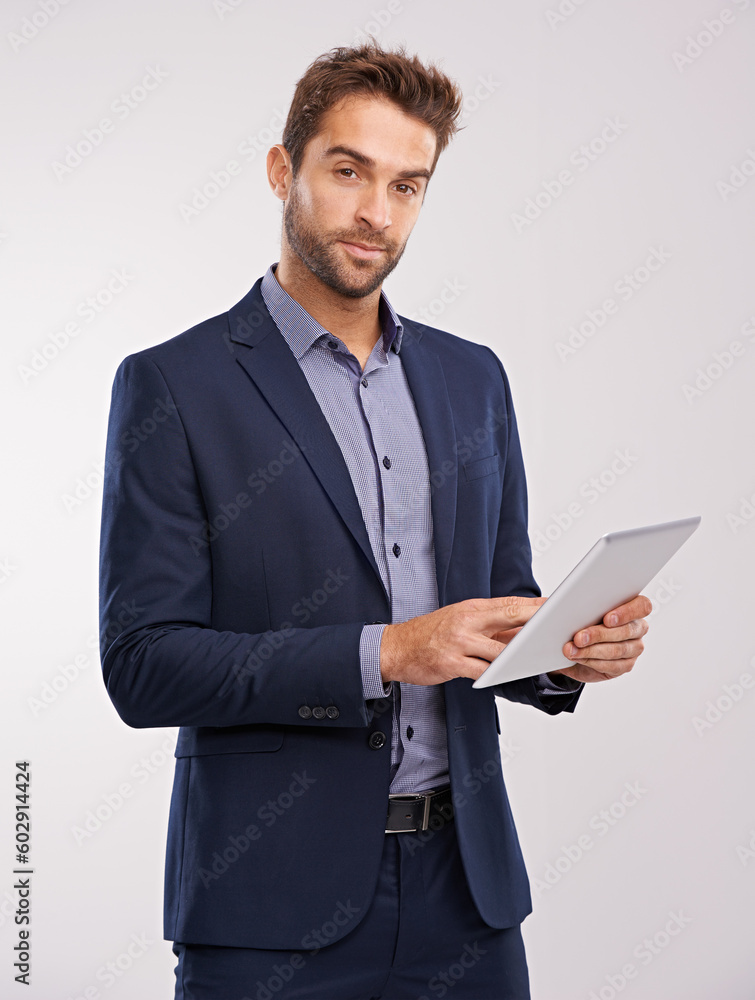 Business man with tablet in portrait, technology and communication for company isolated on studio background. Internet, connectivity and networking, professional male with tech and corporate career Business man with tablet in portrait, technology and communication for company isolated on studio background. Internet, connectivity and networking, professional male with tech and corporate career