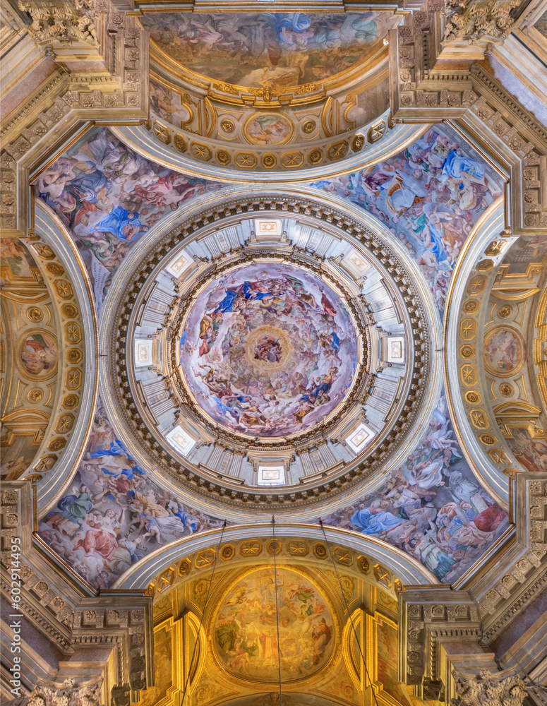 NAPLES, ITALY - APRIL 22, 2023: The fresco in the Dome of the Royal Chapel of the Treasure of St. Januarius in Cathedral by  Domenichino and Giovanni Lanfranco (1631 - 1643).