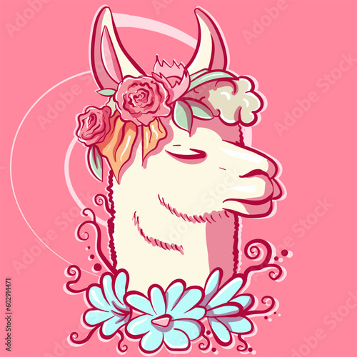 Pastel illustration of a pink llama with flower decorations around her head. Vector art and digital drawing of an alpaca with a rose bouquet.
