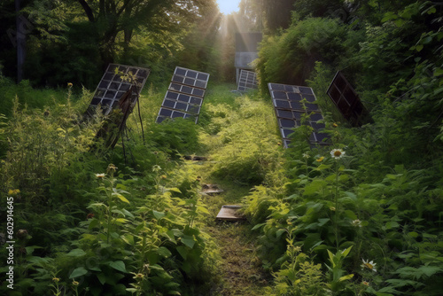 Solar panels produce electricity in nature, created with generative AI technology.