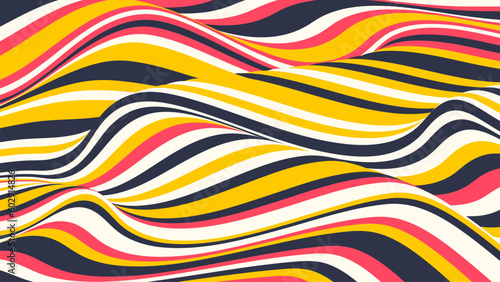 Wave of optical illusion. Abstract color illustration. Horizontal lines stripes pattern or background with wavy distortion effect.