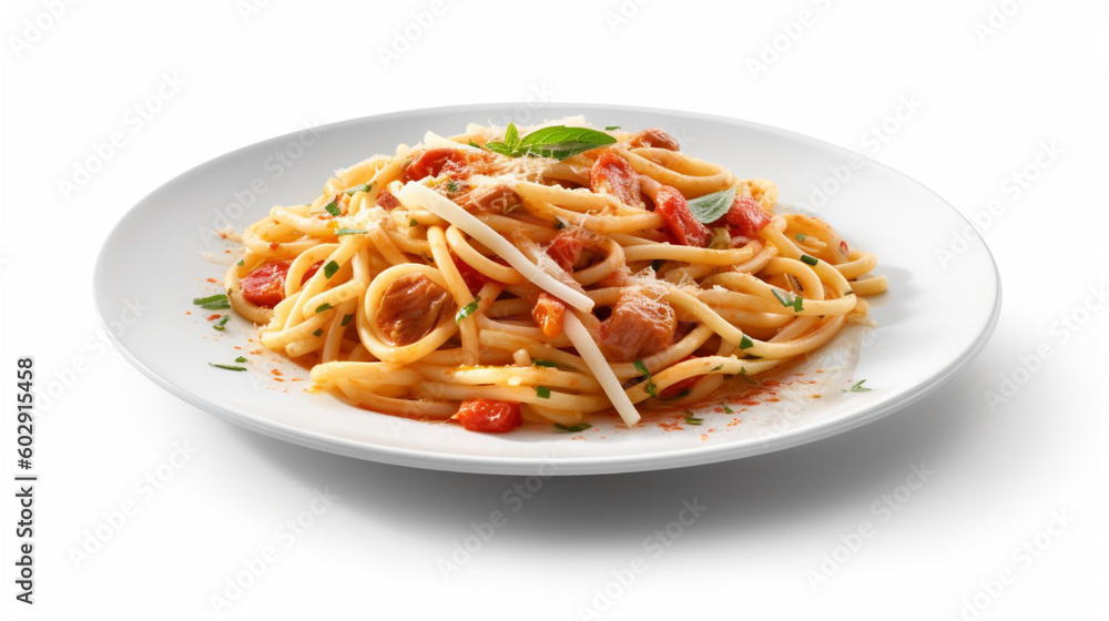 A plate of spaghetti with tomato sauce and basil. Generative AI A plate of spaghetti with tomato sauce and basil. Generative AI