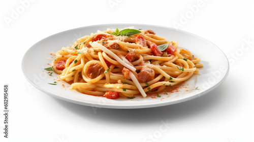 A plate of spaghetti with tomato sauce and basil. Generative AI