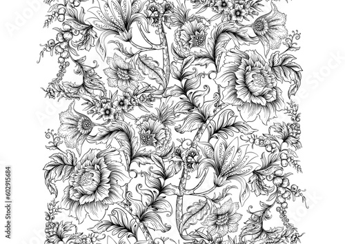 Fototapeta Naklejka Na Ścianę i Meble -  Fantasy flowers in art nouveau style, vintage, old, retro style. Seamless pattern, background. Vector illustration.