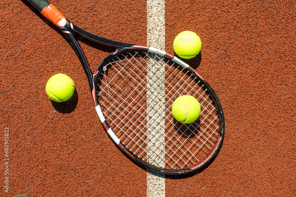 Tennis racket and balls, flat lay. Space for text