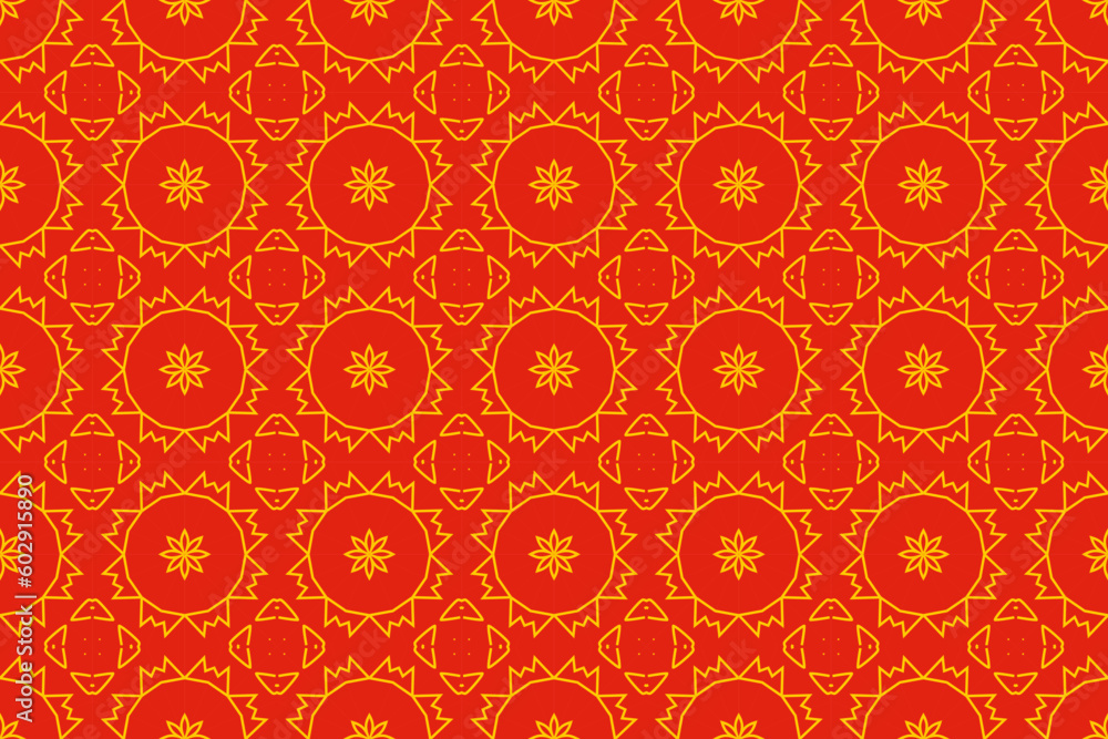 Beautiful pattern in circle and swirl. Traditional batik motif in red and gold color.