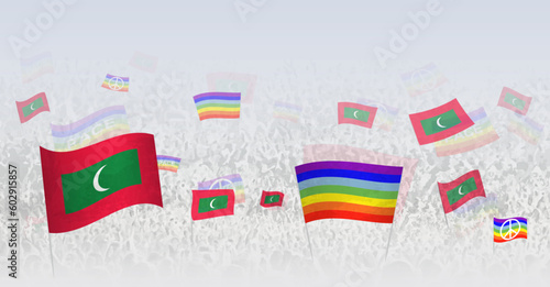 People waving Peace flags and flags of Maldives. Illustration of throng celebrating or protesting with flag of Maldives and the peace flag.