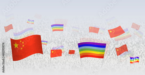 People waving Peace flags and flags of China. Illustration of throng celebrating or protesting with flag of China and the peace flag.