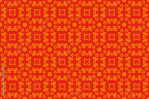 Beautiful pattern in circle and swirl. Traditional batik motif in red and gold color.