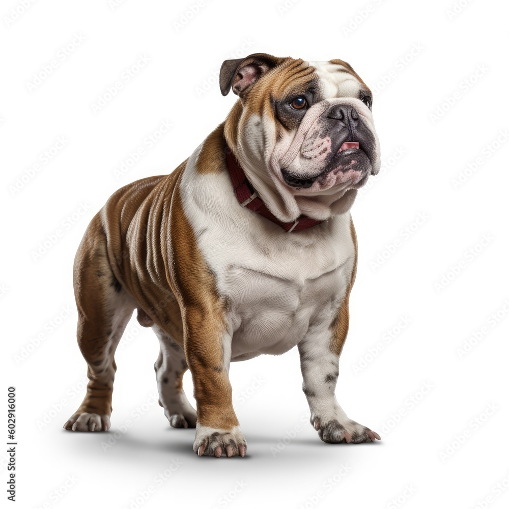 English Bulldog standing in front of a white background with shadow and looking at the camera. generative AI