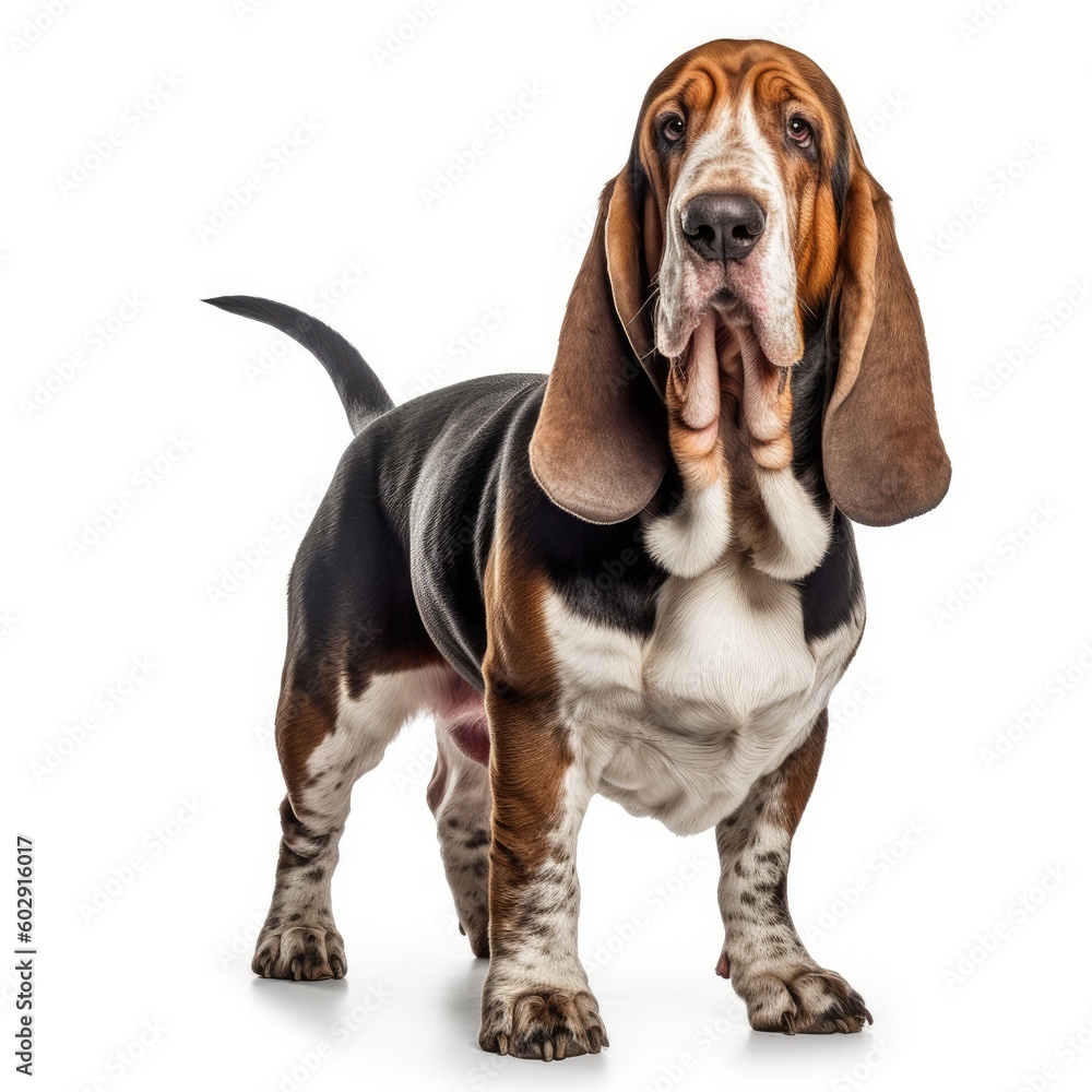 Basset Hound dog standing and looking up, isolated on white background. generative AI