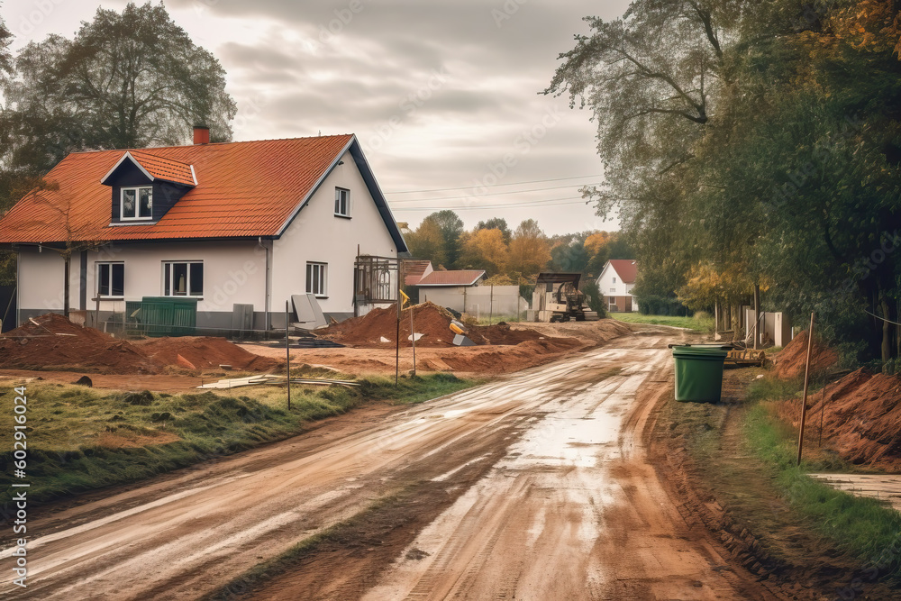 street construction in residential area, ai generated street construction in residential area, ai generated