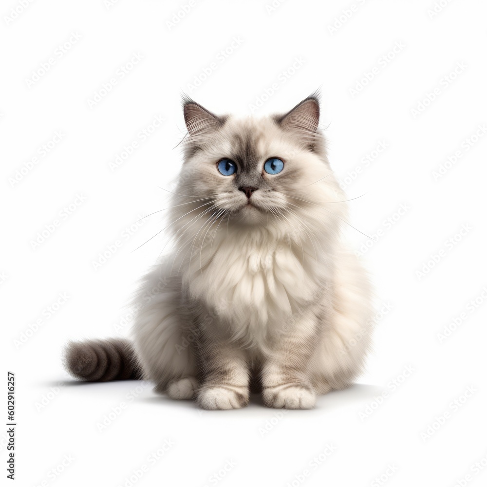 little furry Ragdoll cat with blue eyes sitting, white background. generative AI