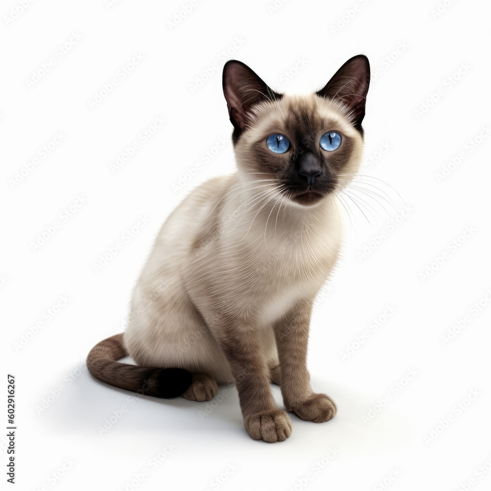 Siamese puppy cat with blue eyes sitting isolated on a white background. generative AI