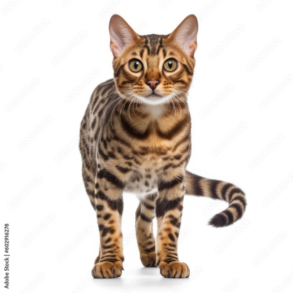 Bengal cat standing on hind legs. staring at the camera. isolated on white background. generative AI