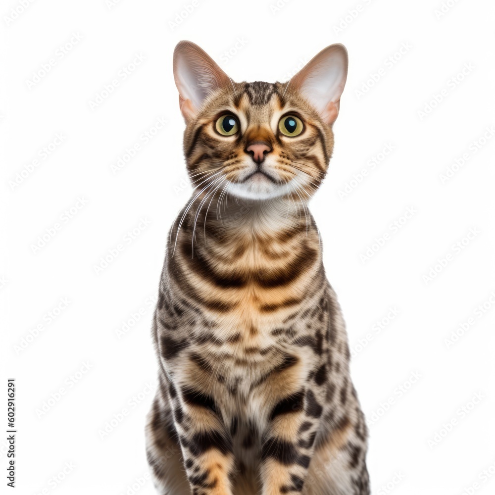 Sitting Bengal cat looking up. Isolated on white background. generative AI
