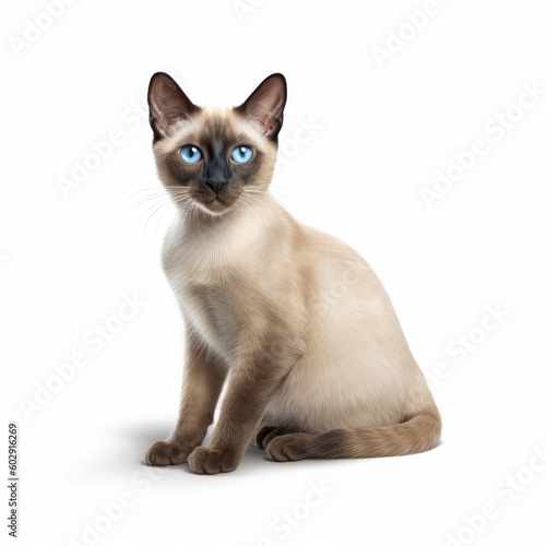 Cute Siamese cat with blue eyes sitting on white background. generative AI