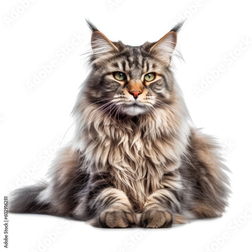 Portrait of a fierce long-haired Maine Coon cat, isolated on white, like a sphynx. generative AI