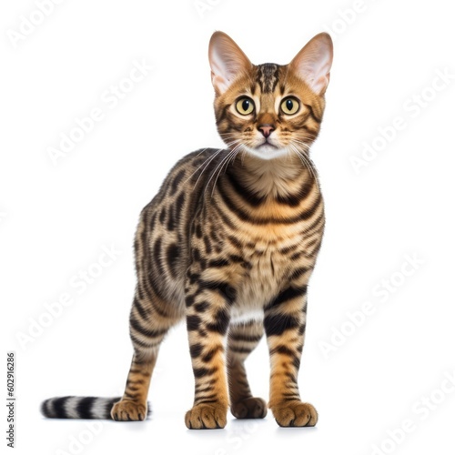 bengal cat isolated on white background looking up at camera. generative AI