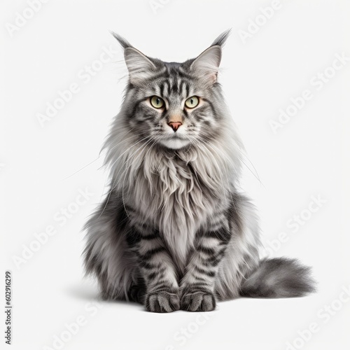 Grey Maine Coon cat sitting isolated on white background. generative AI