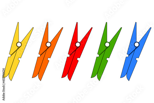 Five clothespins in the colors - yellow, orange, red, green and blue