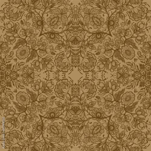 Fantasy flowers in retro, vintage, jacobean embroidery style. Seamless pattern, background. Vector illustration. On kraft paper background.