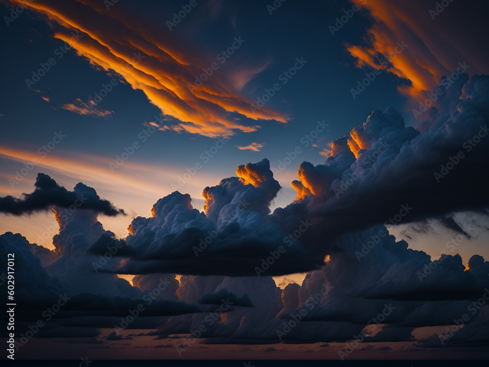 dramatic white clouds and blue sky view colorful sunset cloudscape