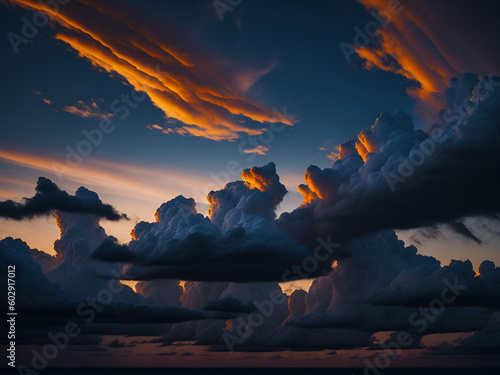 dramatic white clouds and blue sky view colorful sunset cloudscape