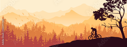 Silhouette of mountain bike rider in wild nature landscape. Mountains, forest in background. Magical misty nature. Orange illustration.