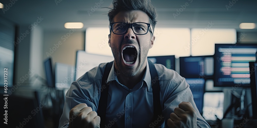 Man at work screaming in anger, burnout at work, emotional exhaustion, panic attack. The concept of office work, negative emotions, anger. Stressed businessman, job burnout concept. Generative AI Man at work screaming in anger, burnout at work, emotional exhaustion, panic attack. The concept of office work, negative emotions, anger. Stressed businessman, job burnout concept. Generative AI
