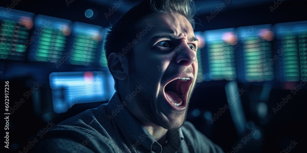 Man at work screaming in anger, burnout at work, emotional exhaustion, panic attack. The concept of office work, negative emotions, anger. Stressed businessman, job burnout concept. Generative AI