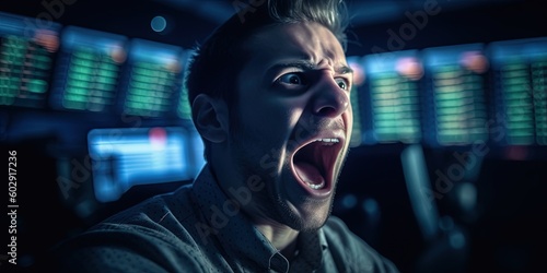 Man at work screaming in anger, burnout at work, emotional exhaustion, panic attack. The concept of office work, negative emotions, anger. Stressed businessman, job burnout concept. Generative AI