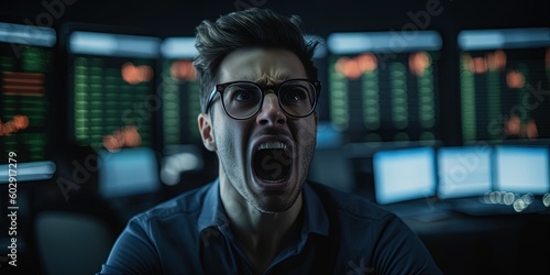 Man at work screaming in anger  burnout at work  emotional exhaustion  panic attack. The concept of office work  negative emotions  anger. Stressed businessman  job burnout concept. Generative AI