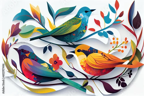 Naklejka na ścianę Modern minimal CG of bird on tree and foliage. distinct generative AI image.