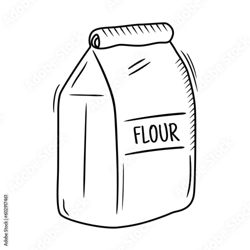 Sketch drawing of flour in paper package. Supermarket food vector illustration. Grocery product doodle. Outline icon