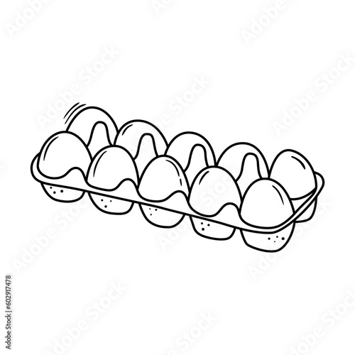 Sketch drawing of fresh eggs in carton package. Supermarket food vector illustration. Grocery product doodle. Outline icon